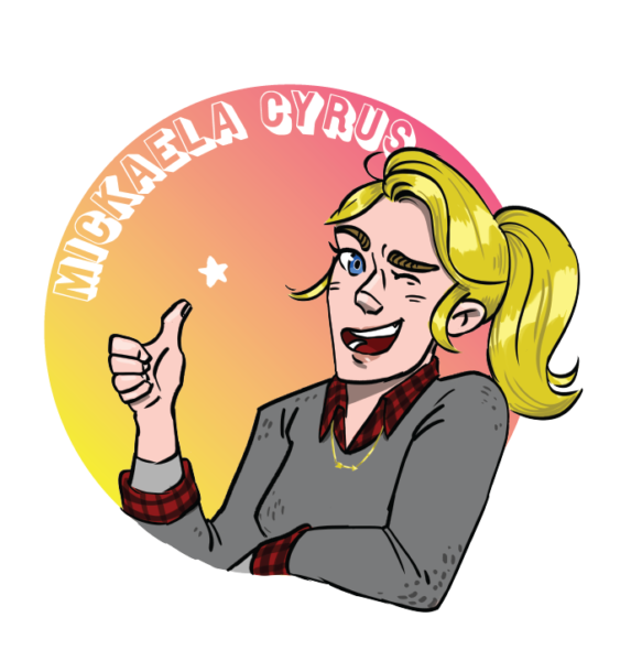 A self-portrait of me, Mickaela! I have blonde hair in a ponytail, a grey cardigan, and a thumbs up as I wink at you.